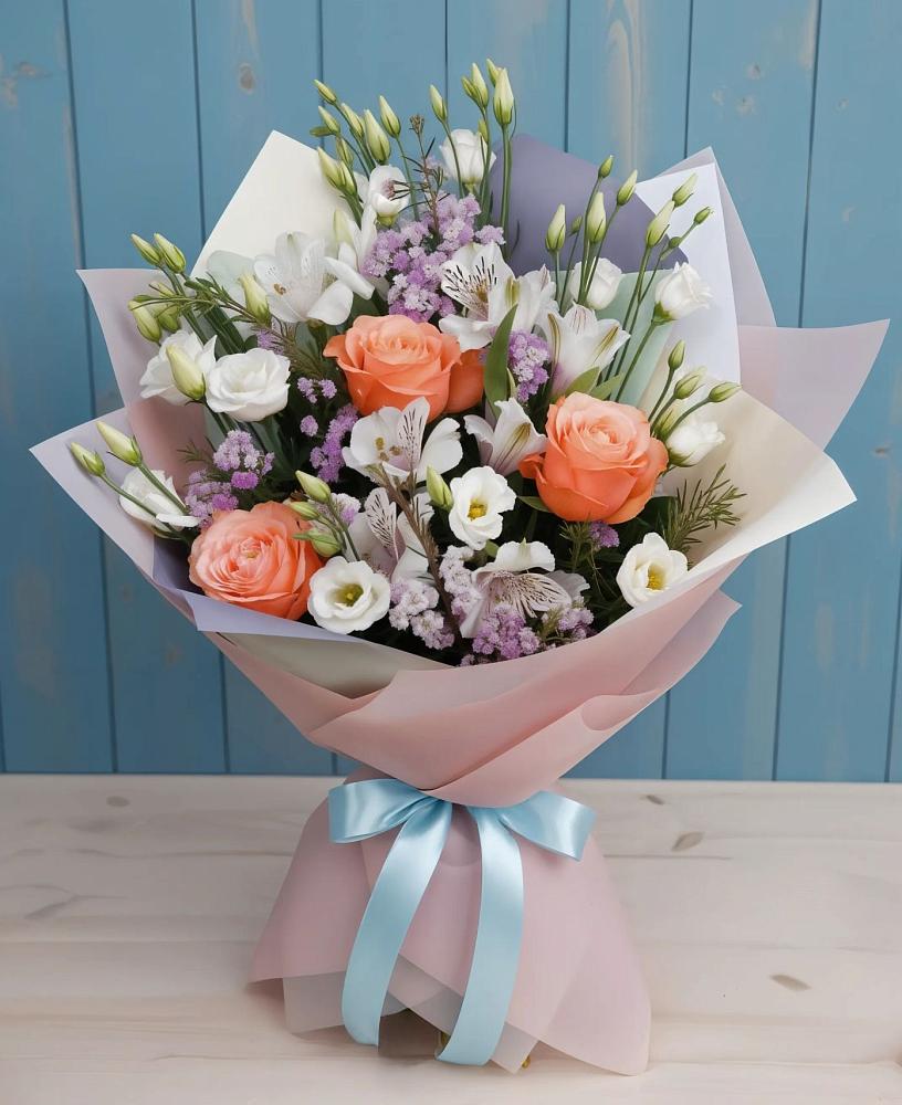 Букет цветов из: Лизиантусы, Розы, Альстромерии и Гипсофила в Марксе